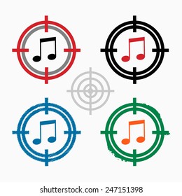 Music note icon on target icons background. Crosshair icon. Vector illustration.