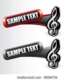 music note icon on tilted red and gray banners