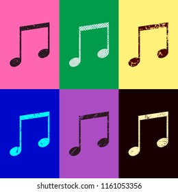 Music note icon. Pop art style. Scratched icons on 6 colour backgrounds. Seamless pattern