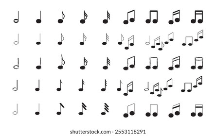 Conjunto de iconos de nota musical. Notas de medio, cuarto, octavo y triplete. Melodías musicales y canciones. Creatividad y arte. Hobby y ocio. Colección plana del Vector aislada en el fondo blanco