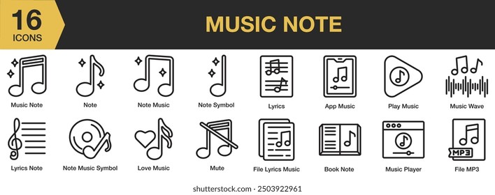 Music Note icon set. Includes love music, note, lyrics, mute, app music, and More. Outline icons vector collection.