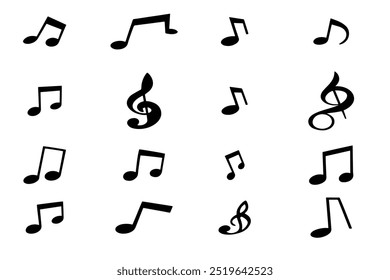 Music Note Icon Set – Minimalist Black Line Art of Musical Symbols and Treble Clefs for Audio, Song, and Music Projects.