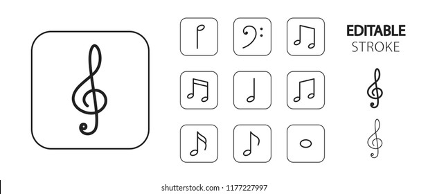 Music note icon set. Musical keys and symbols. Simple outline web application icons. Editable stroke. Vector illustration. 