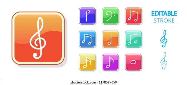 Music note icon set. Musical keys and symbols. Colorful rainbow web app icons. Editable stroke. Vector illustration.