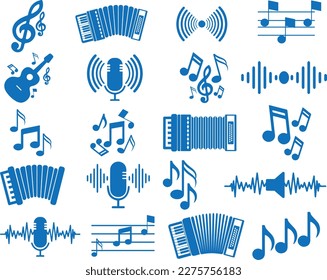 Zeichensatz für Musik-Noten, Symbol für musikalisches Design-Element, Satz von 20 Symbolen, blauer Vektorgrafik