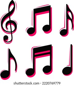 Music Note icon set with pink silhouette on white backround isolated vector illustration