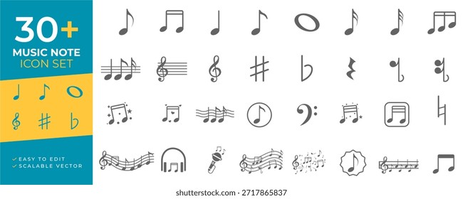 Conjunto de iconos vectoriales escalables para la notación musical, con claves agudas, agudos y graves, notas de cuarto, octavo y decimosexto para aplicaciones educativas y de partituras.