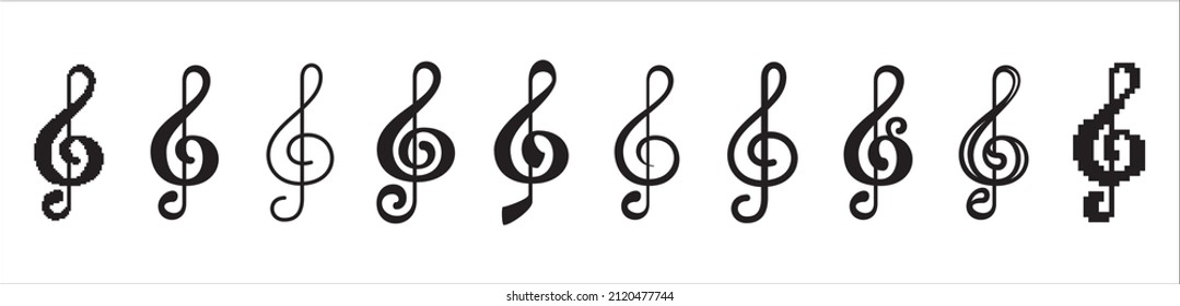 Music note icon set. Treble clef symbol illustration. Assorted different style treble clef sign. Pixelated, thin stroke and bold design styles.