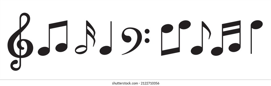 Music note icon set. Treble clef music notes key icons set. Musics sheet illustration contains symbol of bass clef, crotchet, quaver, and beam.