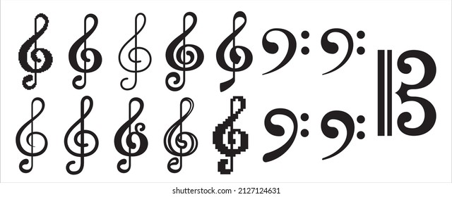 Music note icon set. Treble clef, bass clef, alto clef symbol illustration. Assorted different style treble and bass sign.