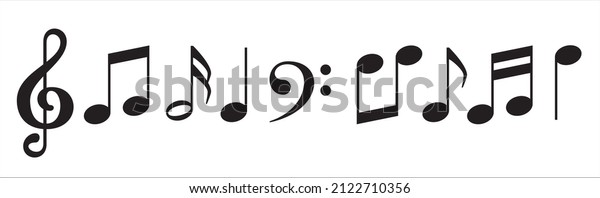 Music note icon set. Treble clef music notes key\
icons set. Musics sheet illustration contains symbol of bass clef,\
crotchet, quaver, and\
beam.