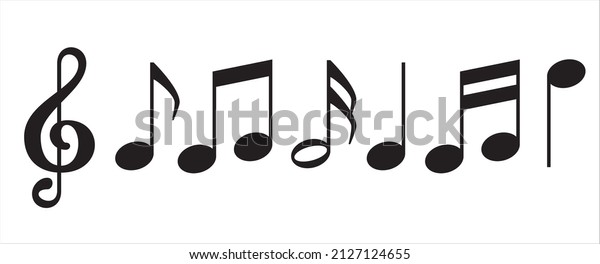 Music note icon set. Treble clef music notes key\
icons set. Musics sheet illustration contains symbol of bass clef,\
crotchet, quaver, and\
beam.