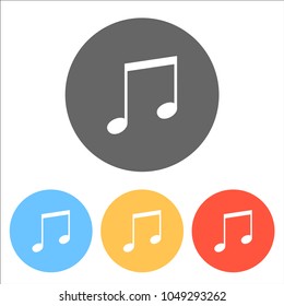 Music note icon. Set of white icons on colored circles