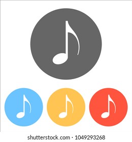 Music note icon. Set of white icons on colored circles