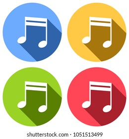 Music note icon. Set of white icons with long shadow on blue, orange, green and red colored circles. Sticker style