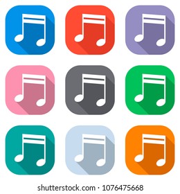 Music note icon. Set of white icons on colored squares for appli