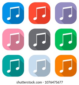 Music note icon. Set of white icons on colored squares for appli