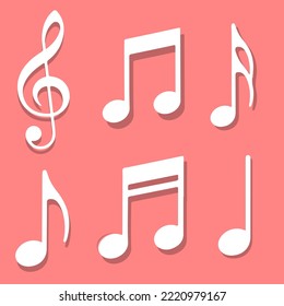 Icono de Nota de música conjunto color blanco en ilustración vectorial aislada de fondo rosa