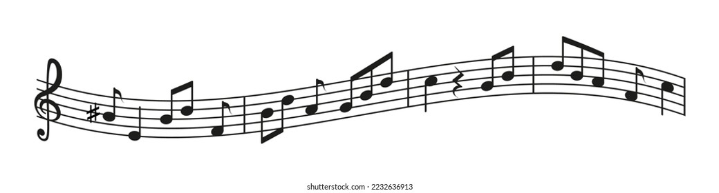 Symbol für Musik Lied Symbol mit Personal, Schlüssel und Klappe. Soundzeichen für Melodie. Schwarze Silhouette einzeln auf weißem Hintergrund. Bildzeichen für Orchester. Vektorgrafik.