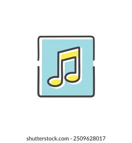 Music note icon in square. A simple icon depicting a music note within a square. This graphic can be used to represent audio, sound, and music.