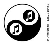 Music note icon. Vector. Black and white icon inside circles of yin and yang symbol at white background.