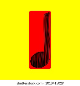 Music note icon. Vector. Black scribble icon in red container with rounded corners at yellow background. Isolated.
