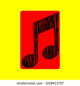 Music note icon. Vector. Black scribble icon in red container with rounded corners at yellow background. Isolated.