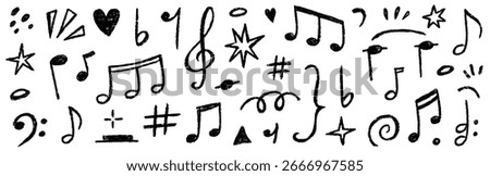Music note icon vector doodle set. Hand drawn music note, sound symbol, melody sign in chalk crayon sketch style. Retro pastel crayon texture, playful sticker elements background. Vector illustration