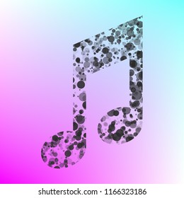 Music note icon. Vector. Gray icon with bubbled texture at color background with pink and sky blue corners.
