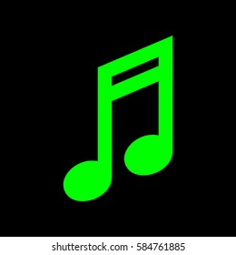 Music note icon. Vector. Green icon on black background. Isolated.