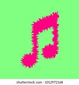 Music note icon. Vector. Magenta rough icon on greenish background. Isolated.
