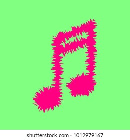 Music note icon. Vector. Magenta rough icon on greenish background. Isolated.