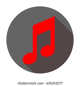 Music note icon. Vector. Red icon with reddish shadow on dark gray circle at white background. Isolated.