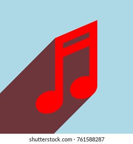 Music note icon. Vector. Red flat icon with infinte wine shadow to left down corner at sky background.