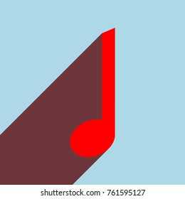 Music note icon. Vector. Red flat icon with infinte wine shadow to left down corner at sky background.