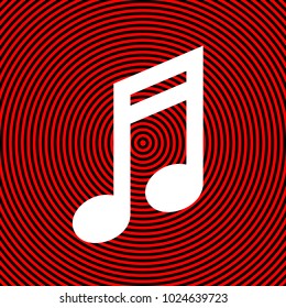 Music note icon. Vector. White icon on red and black radial pattern as background. Isolated.