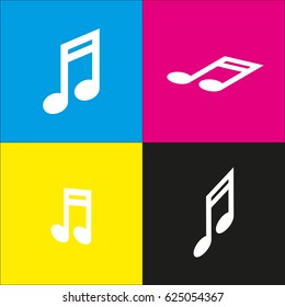Music note icon. Vector. White icon with isometric projections on cyan, magenta, yellow and black backgrounds.