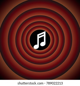 Music note icon. Vector. White icon on black circle in gradient rings.