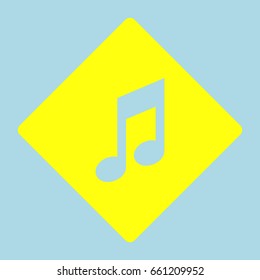 Music note icon. Vector. Yellow romb with hole as icon on lightblue background.