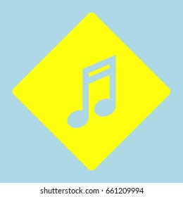 Music note icon. Vector. Yellow romb with hole as icon on lightblue background.