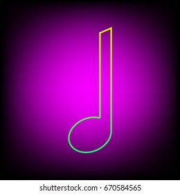 Music note icon. Vector. Yellow-green gradient linear icon on magenta light as background