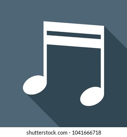 Music note icon. White flat icon with long shadow on background