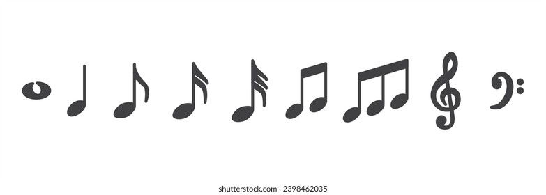 Music note icons set. Musical notes set. Music notes icons collection. Musical note vector. Music elements. Simple musical notes signs. Isolated music note on transparent background. 