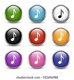 Music Note icons, set of nine colored buttons with metal frame and shadow