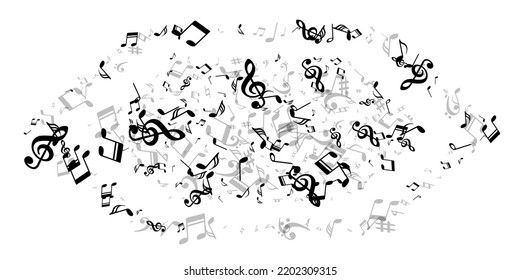 Music note icons vector backdrop. Song notation elements scatter. Dance music pattern. Funky note icons elements with bass clef. Banner background.