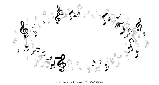 Diseño vectorial de iconos de notas musicales. Explosión de elementos de grabación de audio. Patrón de música disco. Iconos de notas de doodle con araña de trébol. Pancarta de fondo.