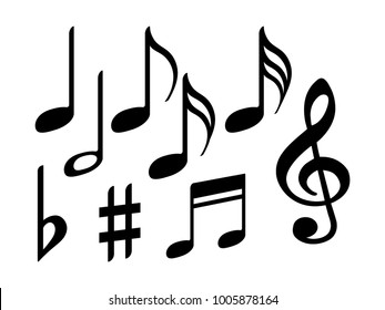 Music note icons vector set, Black symphony or melody signs isolated on white background. Music symbols and notes for sound and tune musical notation vector clip art.