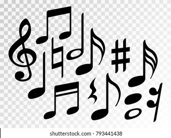 Music note icons vector set, Black symphony or melody signs isolated on transparent background. Music symbols and notes set for sound and tune musical notation vector clip art.