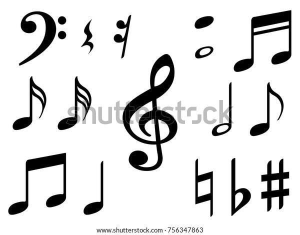 Music note icons vector\
set, Black symphony or melody signs isolated on white background.\
Music symbols and notes for sound and tune musical notation vector\
clip art.