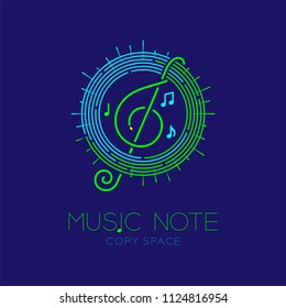 Music note with line staff circle shape logo icon outline stroke set dash line design illustration isolated on dark blue background with music note text and copy space